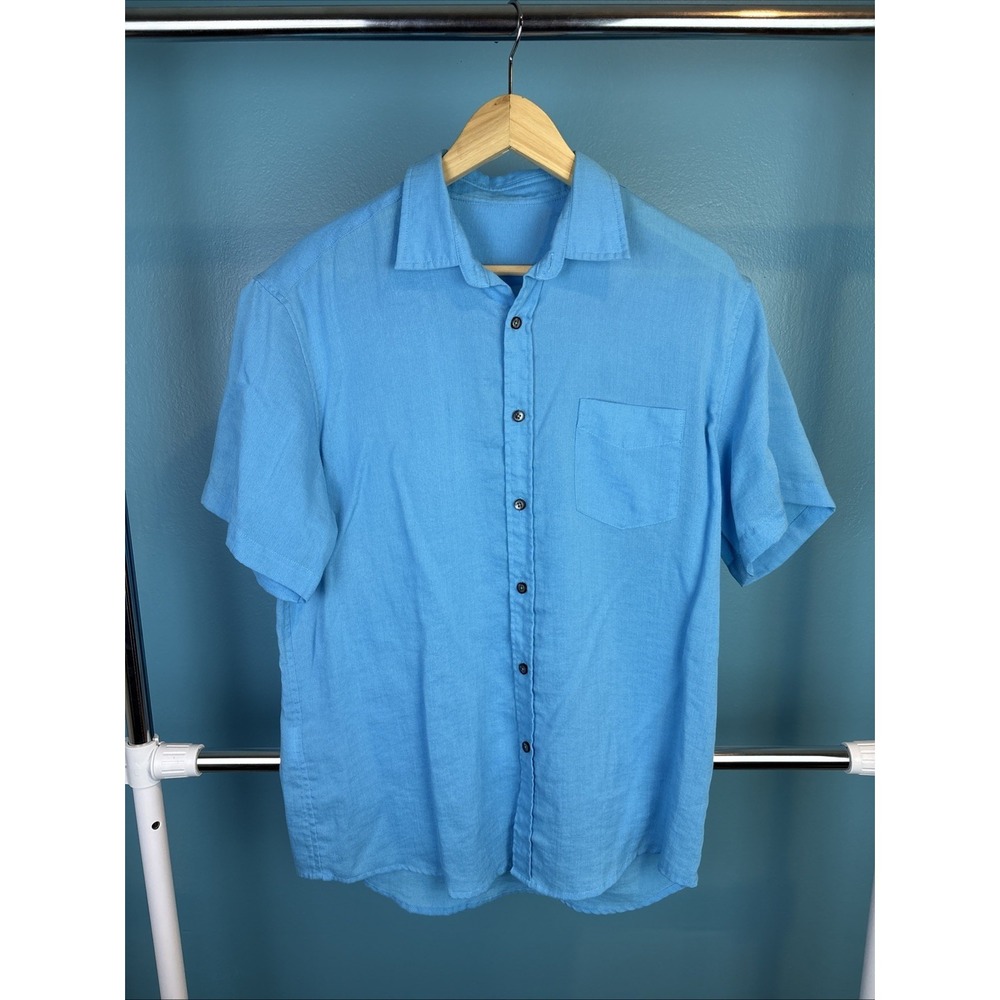 fridaze linen Button Up Shirt Size Medium Blue Short Sleeve Vintage Beach